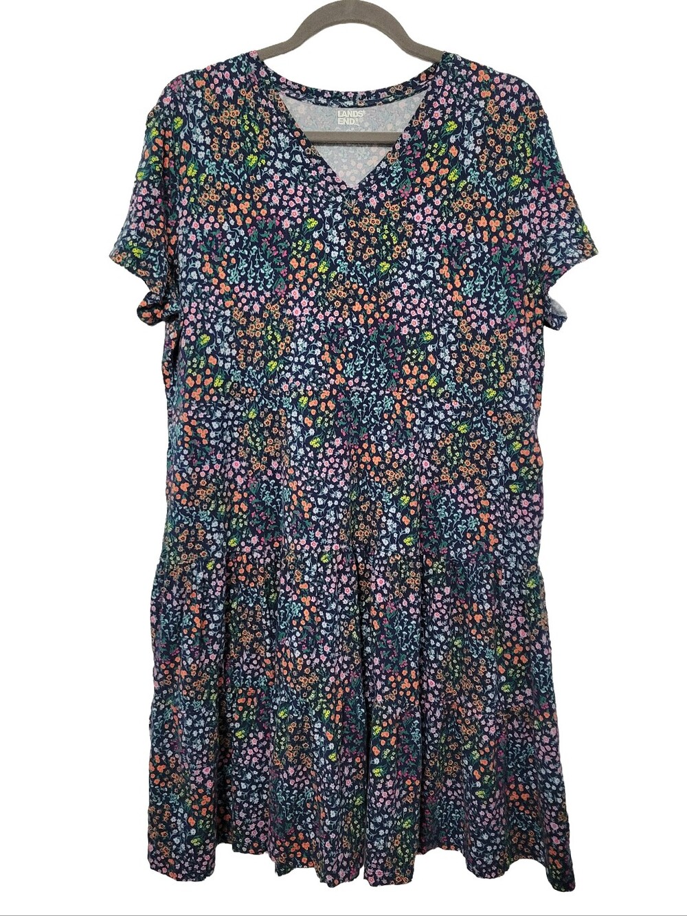 Lands End Women's Ditsy Floral Casual Dress Size Large Petite V Neck Tiered Navy
